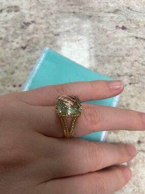 Gold Cocktail Ring with Light Green Cushion Gemstone